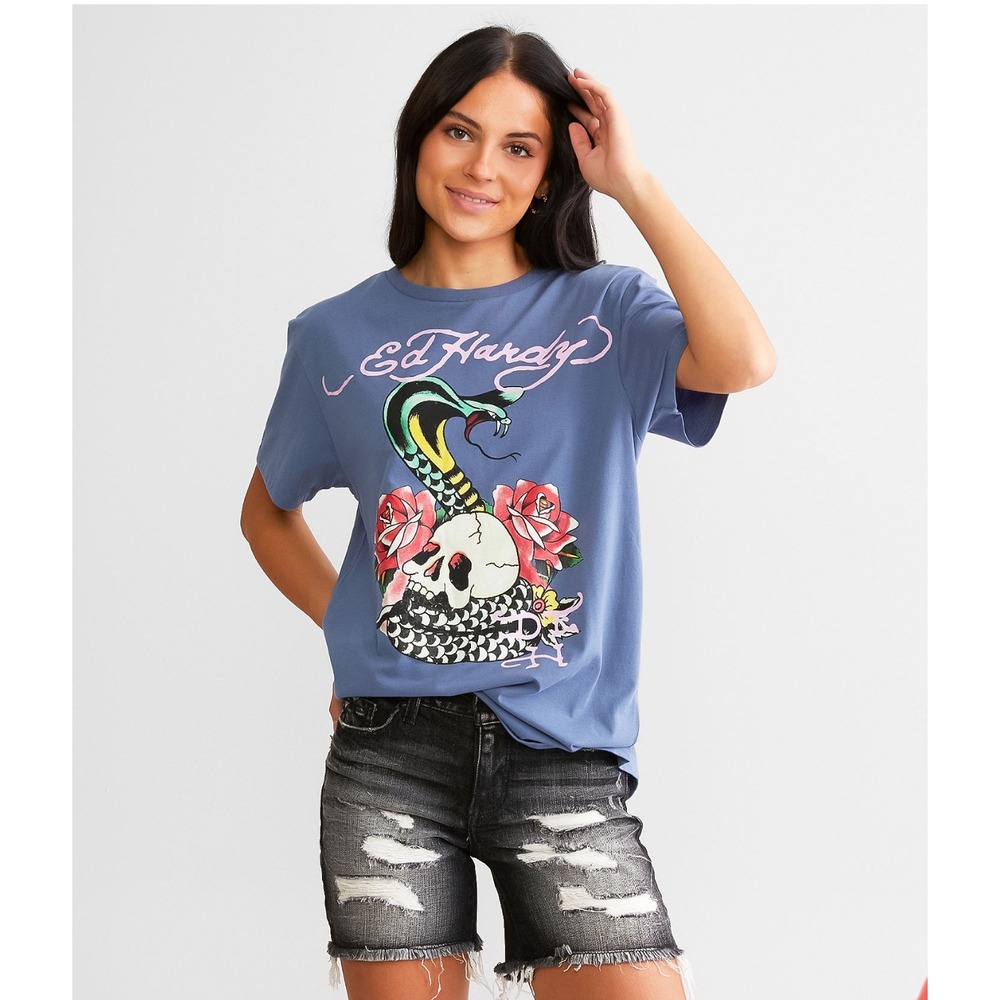 Ed Hardy Rose‎ Cobra T-Shirt Size Large Slate Blue Short Sleeve Graphic Tee